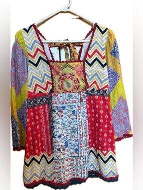 Anthropologie Let Me Be Boho Patchwork Multicolor Women's Peasant Top